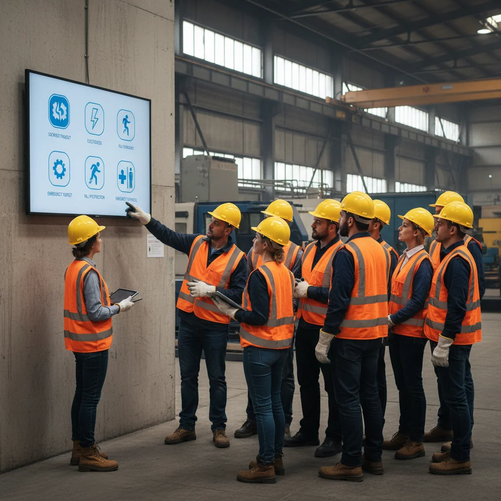 A photorealistic image depicting a diverse group of adult workers in a modern industrial workplace, actively reviewing safety protocols on a digital screen, wearing protective gear like helmets and vests, emphasizing workplace safety and operational guidelines without focusing on any documents.