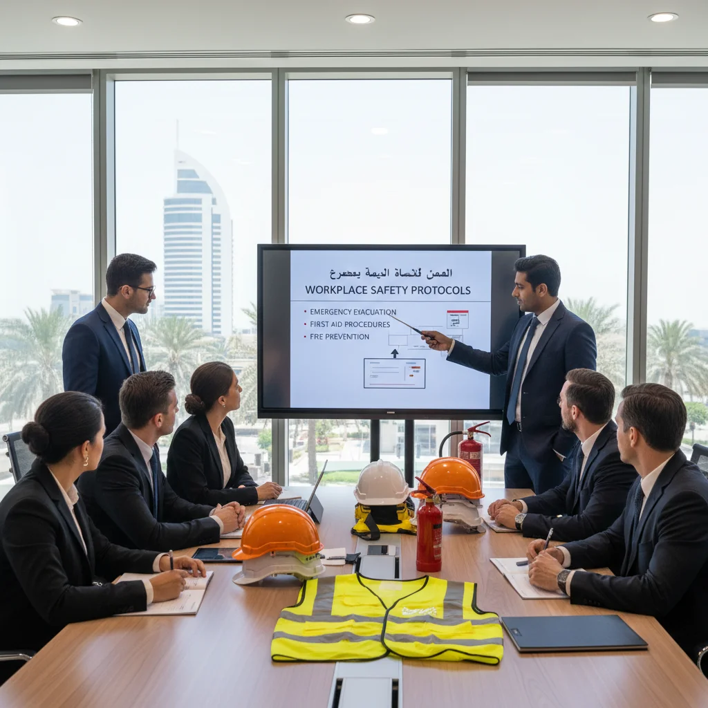 A photorealistic image of a professional corporate office environment in the United Arab Emirates, featuring diverse adult business professionals in formal attire engaged in a safety training session. They are reviewing health and safety guidelines on a whiteboard, with modern office elements like UAE flags and safety posters in the background, emphasizing corporate health and safety compliance. No children are present in the image.