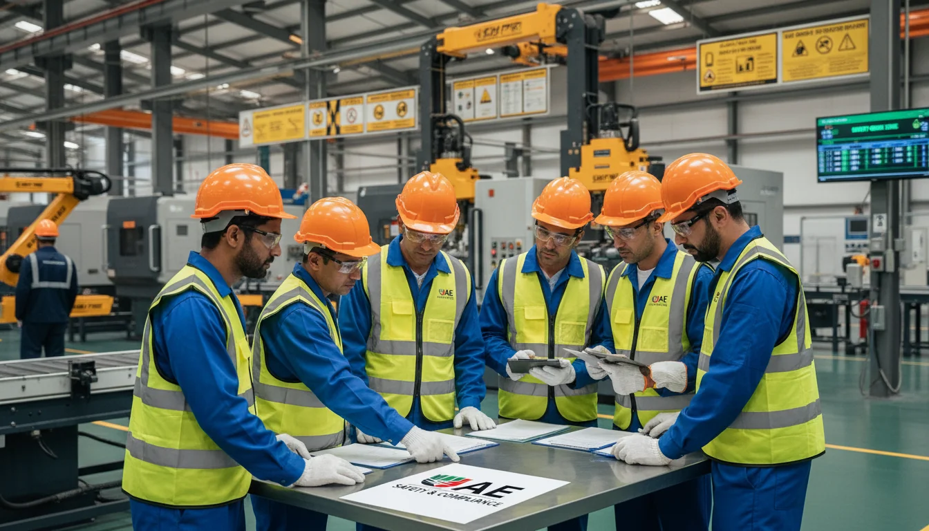 Workers in UAE factory safety gear.