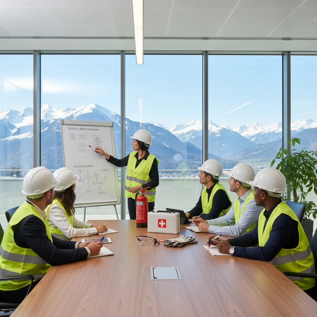 A photorealistic image of a diverse group of adult professionals in a modern Austrian corporate office, engaged in a safety training session. They are wearing safety helmets and vests, discussing hazard prevention and occupational health measures around a whiteboard with safety diagrams, emphasizing workplace safety compliance. The scene is bright, professional, and focused on adult workers only, no children present.
