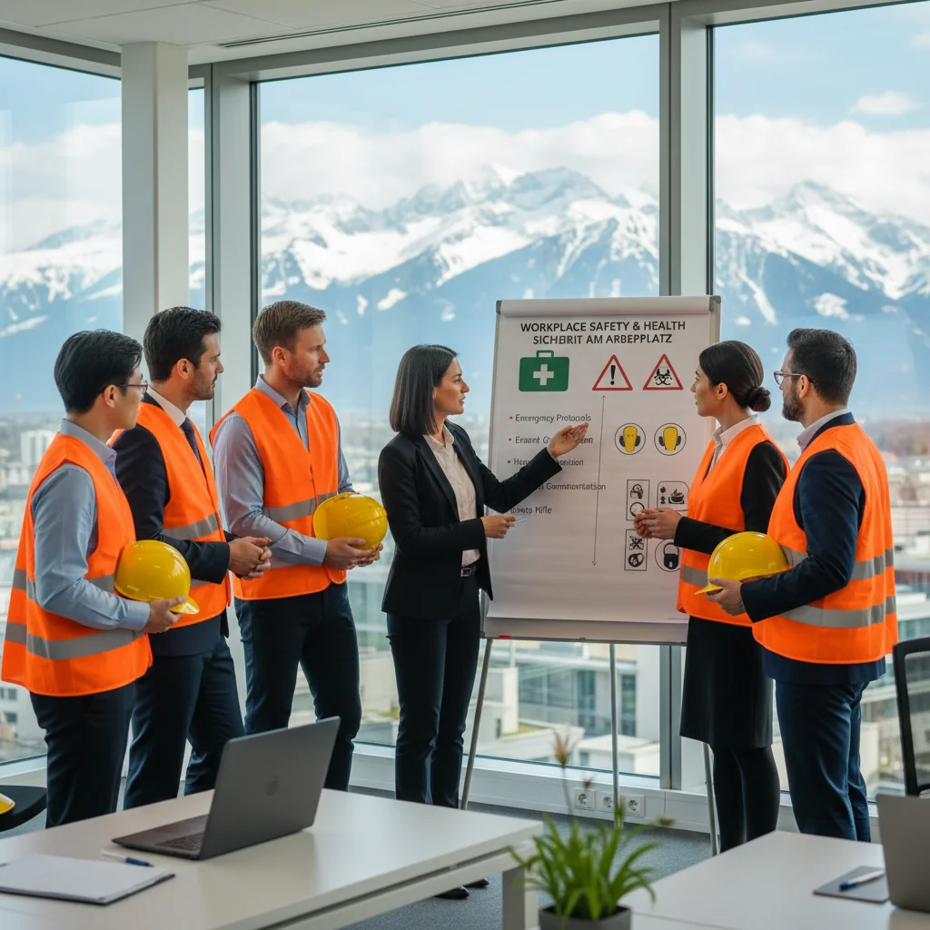 A photorealistic image of a diverse group of adult professionals in a modern Swiss office environment, engaged in a safety training session. They are wearing safety helmets and vests, discussing work safety procedures around a whiteboard with health and safety icons, emphasizing workplace safety and health protection in a corporate setting. No children are present.