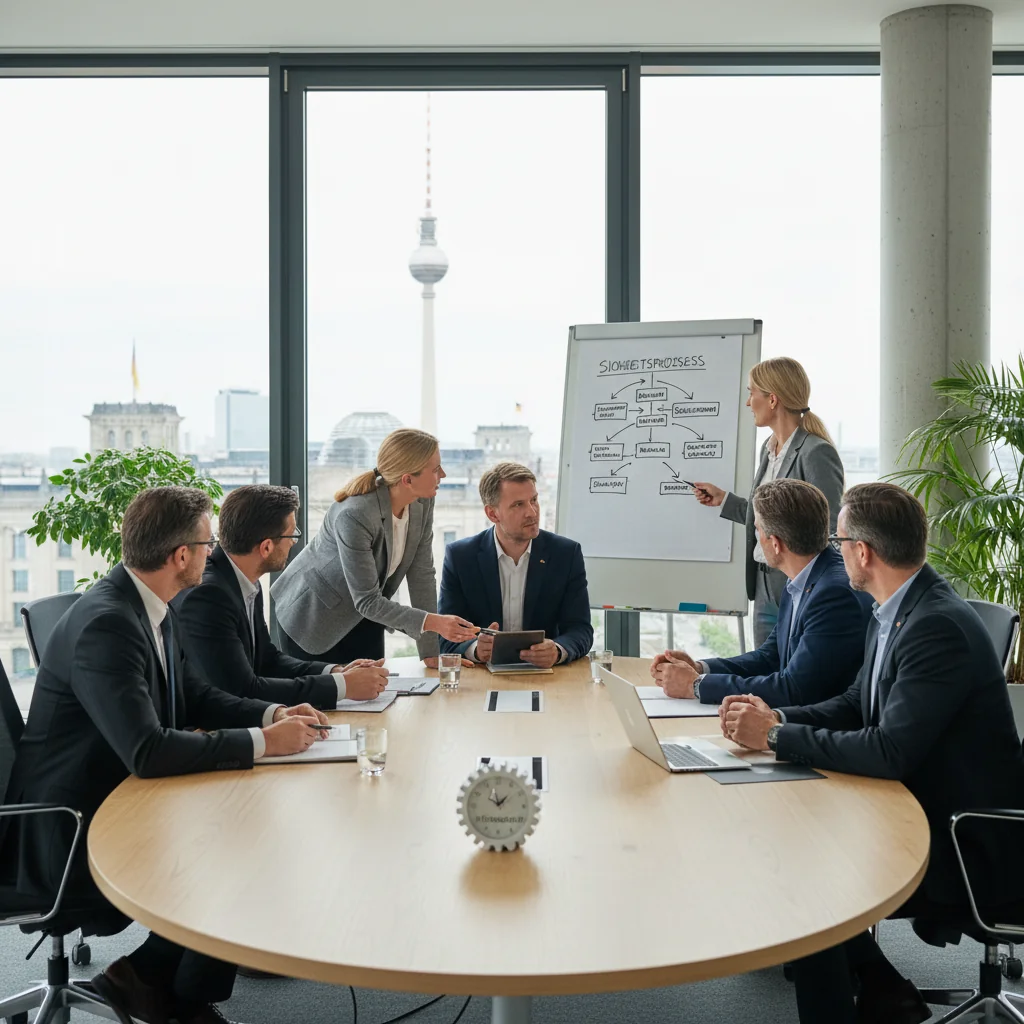 A professional office environment in Germany, featuring a diverse team of adult business professionals in a modern corporate setting, collaborating on workplace safety procedures, with subtle German elements like flags or architecture in the background, symbolizing compliance and operational guidelines without showing any documents.
