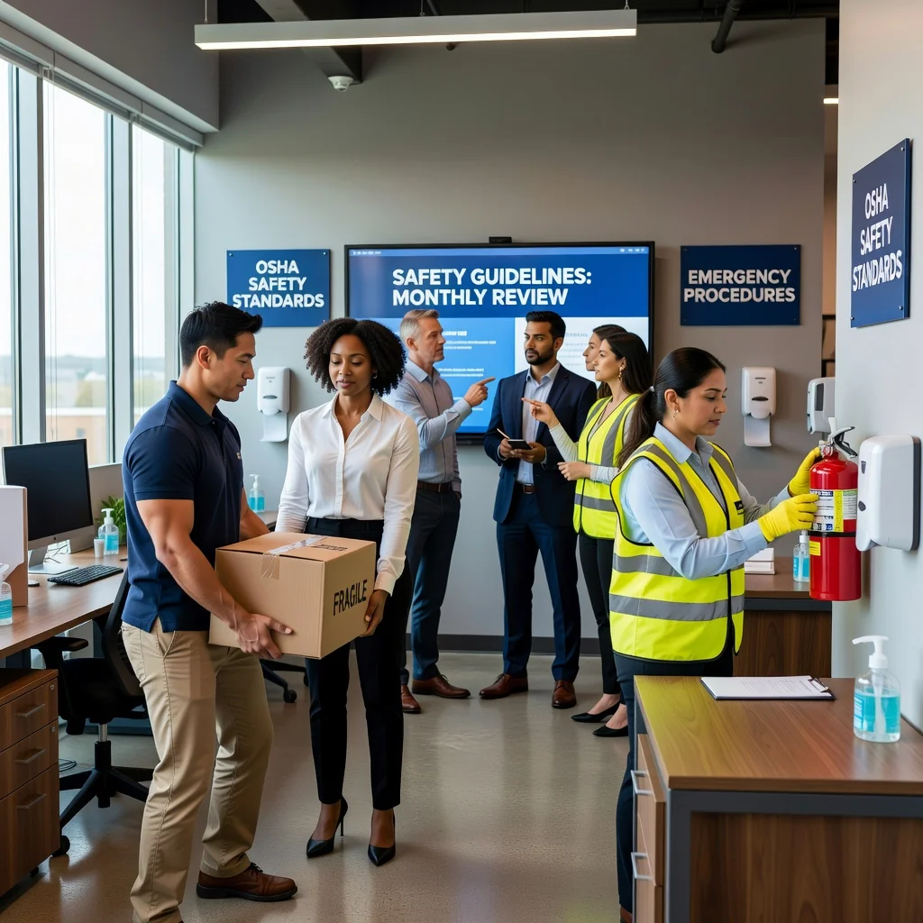 A photorealistic image representing health and safety in a corporate environment in the United States, showing diverse adult professionals in a modern office or workplace setting, engaging in safe practices such as wearing protective gear, conducting a safety drill, or reviewing safety protocols on a whiteboard, with elements like safety signs, first aid kits, and ergonomic workstations visible, emphasizing a secure and compliant atmosphere, no children present.