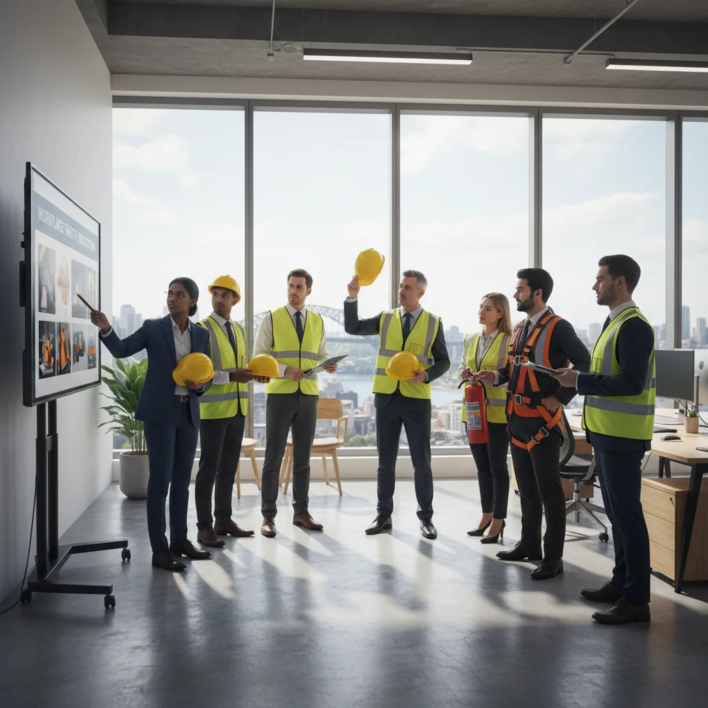 A photorealistic image depicting a diverse group of adult professionals in a modern Australian office environment, engaged in safe work practices such as wearing protective gear, conducting a team safety meeting around a whiteboard, with elements like safety signs and ergonomic workstations visible in the background, emphasizing health and safety in a corporate setting, no children present.