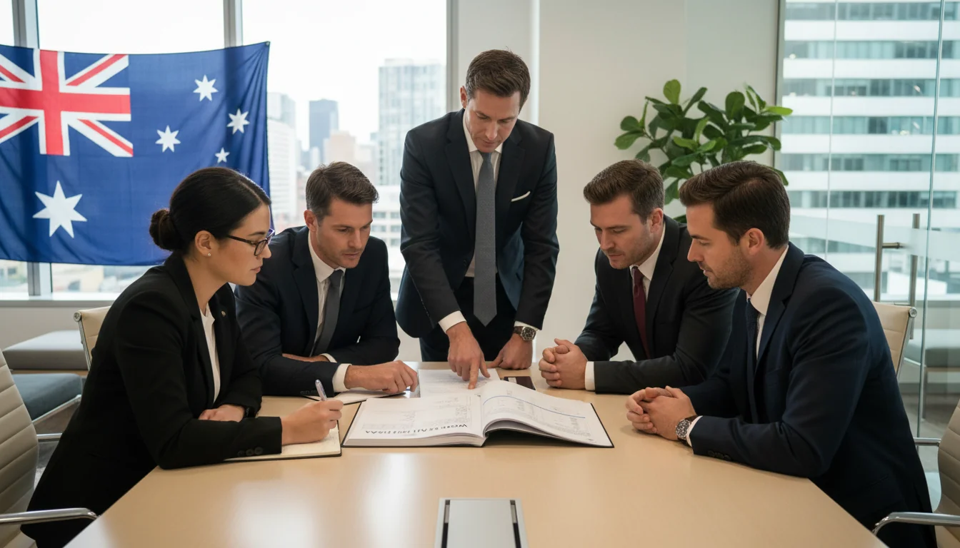 Workers reviewing safety manual.