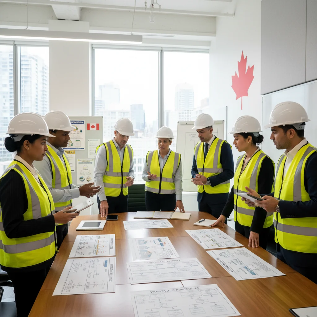 A photorealistic image of a diverse group of adult professionals in a modern Canadian corporate office, engaged in a safety training session. They are wearing safety vests and helmets, discussing health and safety protocols around a whiteboard, with Canadian flags and workplace safety posters in the background. The atmosphere is professional and focused on well-being, emphasizing the importance of health and safety in the workplace.