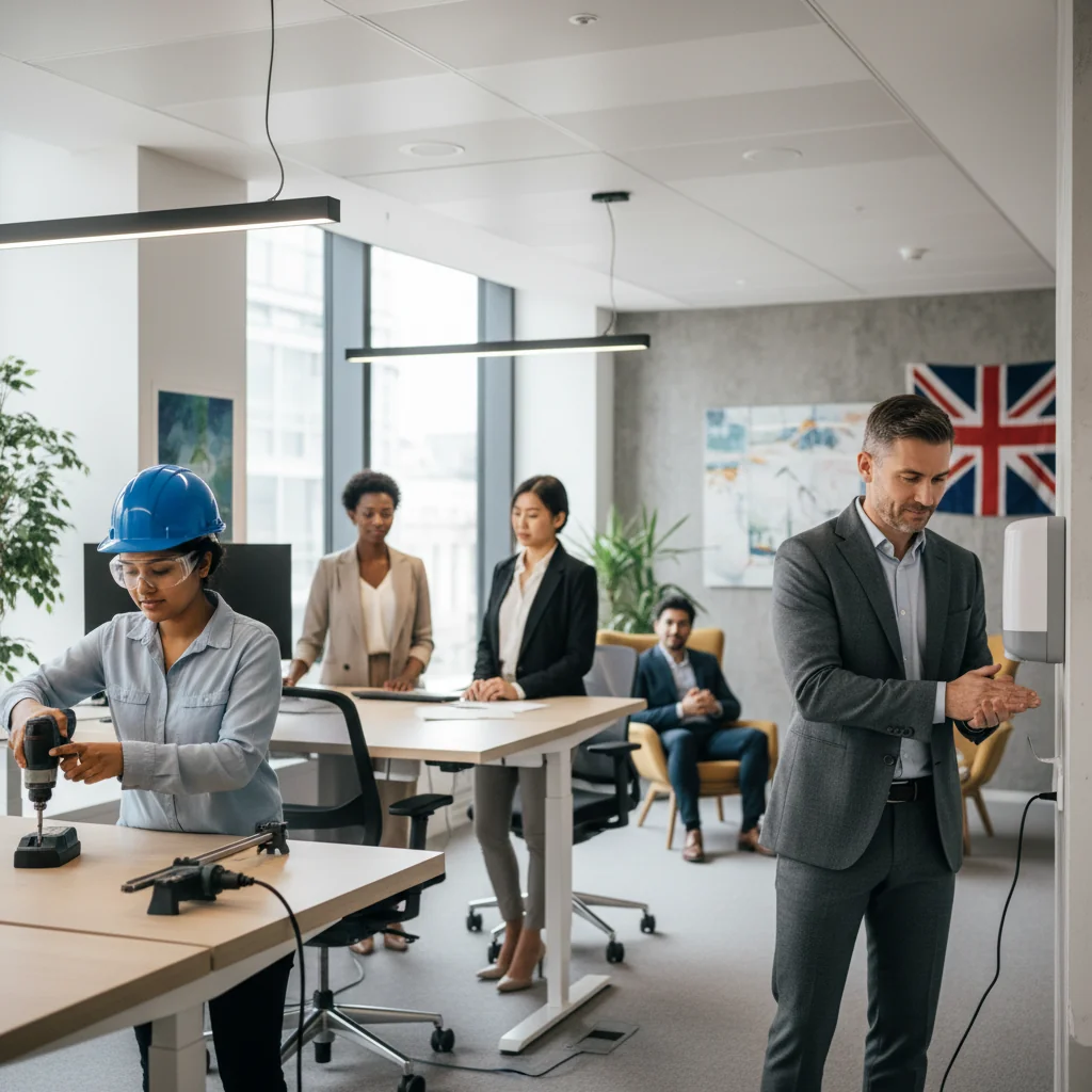 A photorealistic image depicting a diverse group of adult professionals in a modern UK corporate office environment, engaged in safe and healthy work practices such as wearing protective gear, maintaining social distance, and using ergonomic setups, symbolizing health and safety compliance.