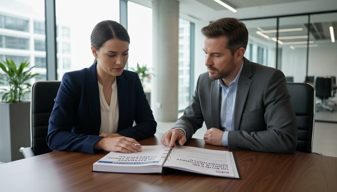 Office workers reviewing safety manual