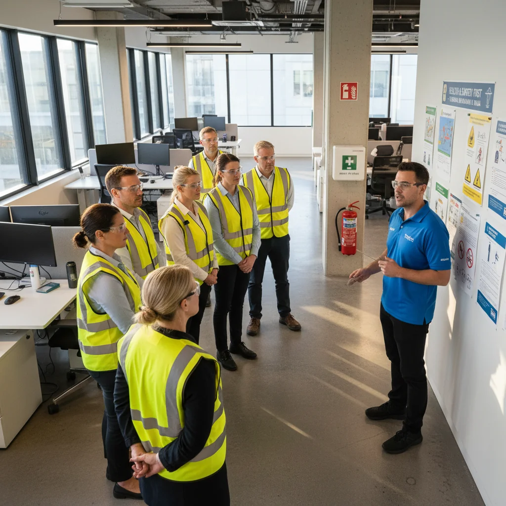 A photorealistic image of a diverse group of professional adults in a modern New Zealand workplace, engaged in a safety training session. They are wearing high-visibility vests and helmets, discussing hazard prevention around office equipment and machinery, with a scenic Kiwi landscape visible through large windows in the background, emphasizing health and safety in a corporate environment.