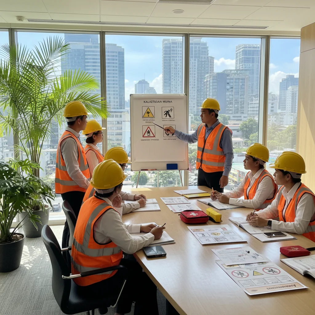 A photorealistic image depicting a diverse group of adult professionals in a modern corporate office in the Philippines, engaged in a health and safety training session. They are wearing safety helmets and vests, attentively listening to an instructor pointing to a safety poster on the wall. The setting includes elements like Manila skyline in the background through large windows, emphasizing workplace safety and compliance. No children are present.