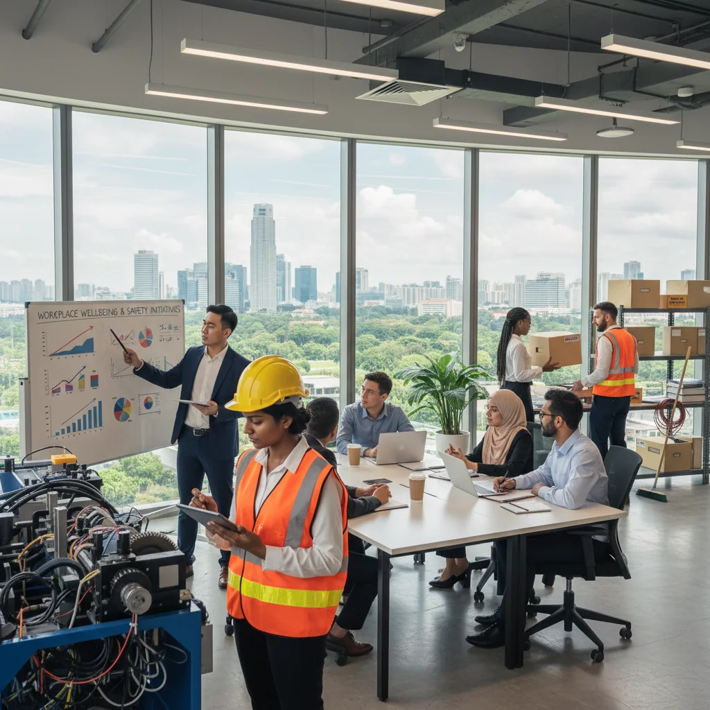 A photorealistic image of a diverse group of adult professionals in a modern Singapore office environment, actively engaging in safe work practices such as wearing protective gear, conducting a safety briefing, and ensuring a hazard-free workspace, symbolizing workplace safety and health.