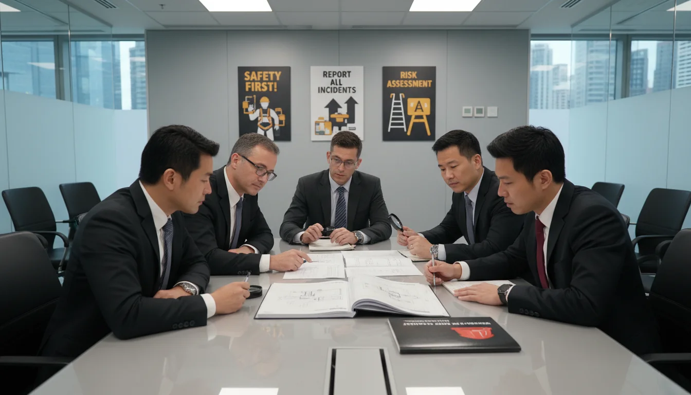 Workers reviewing safety manual.