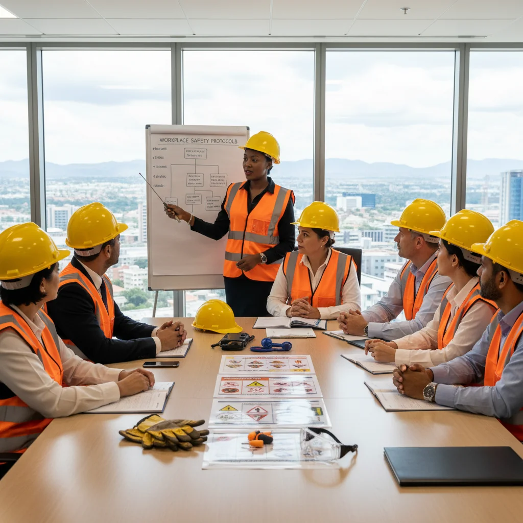 A photorealistic image depicting a diverse group of adult professionals in a modern South African corporate office, engaged in a safety training session. They are wearing safety helmets and vests, discussing hazard prevention with charts and equipment on a table, emphasizing occupational health and safety. The scene conveys teamwork, awareness, and professionalism in a workplace setting.