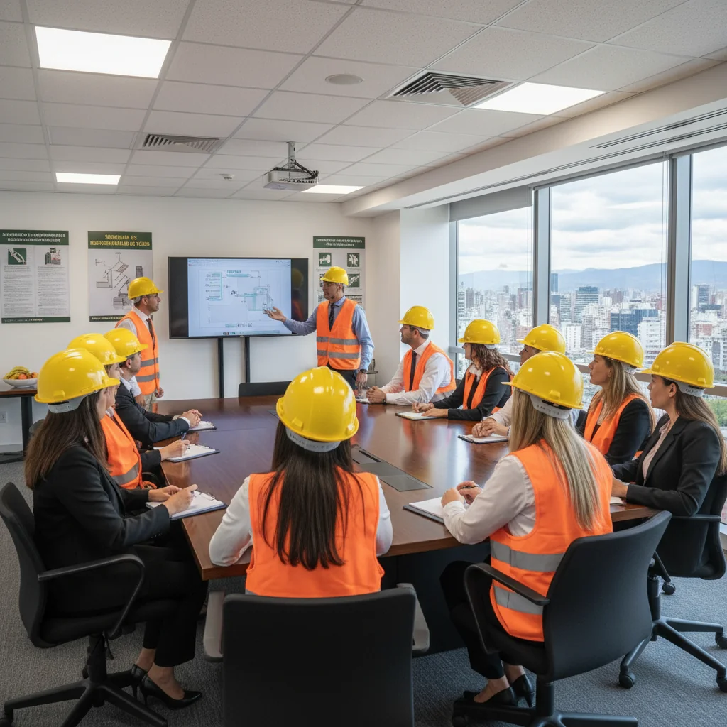 A photorealistic image depicting a diverse group of adult professionals in an Argentine workplace, such as an office or factory, engaged in a safety training session. They are wearing appropriate personal protective equipment like helmets and vests, discussing occupational health and safety guidelines with focused expressions. The scene conveys professionalism, awareness, and compliance with workplace safety standards, set against a modern industrial background in Argentina. No children are present in the image.