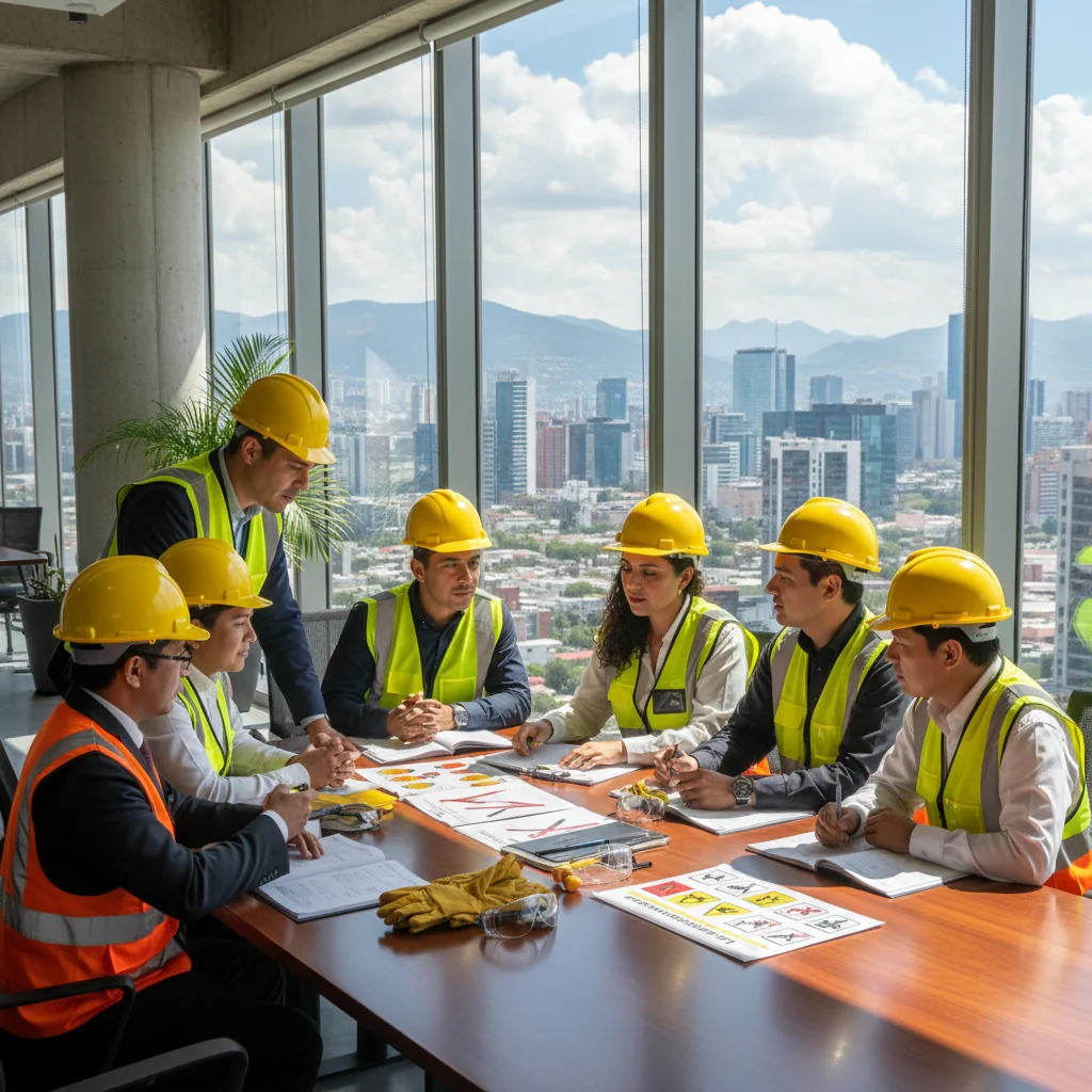 A photorealistic image of a diverse group of adult professionals in a modern Mexican office environment, engaged in a safety training session. They are wearing safety helmets and vests, discussing workplace hazards with charts and equipment visible, emphasizing health and safety in a corporate setting. No children are present. The scene is bright and professional, highlighting safety awareness.