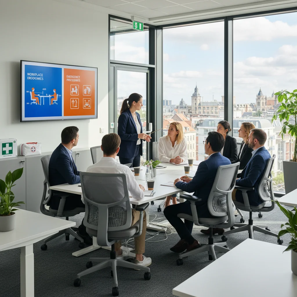 A photorealistic image of a diverse group of adult professionals in a modern Belgian office environment, engaging in a health and safety training session. They are wearing safety helmets and vests, discussing safety protocols around a whiteboard with diagrams of workplace hazards, emphasizing corporate safety and health measures. No children are present.