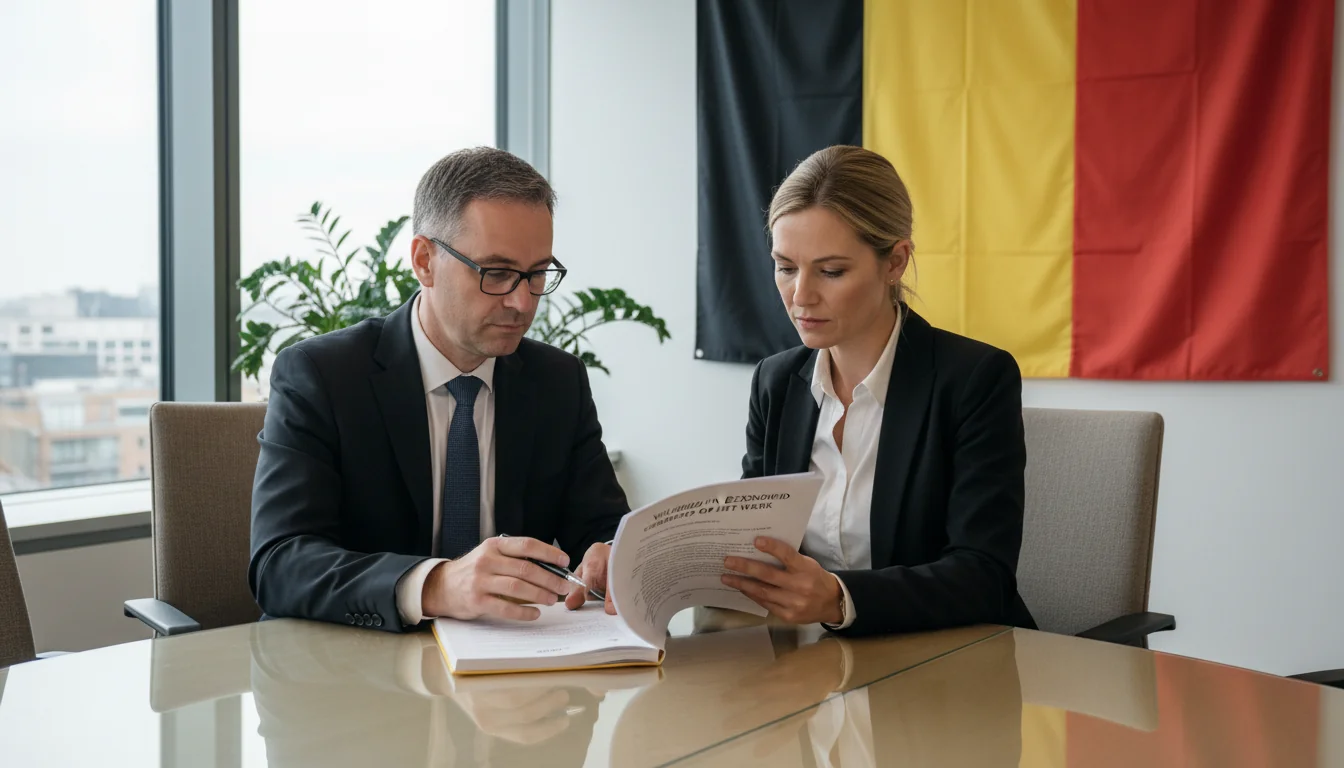 Belgian office workers reviewing safety manual