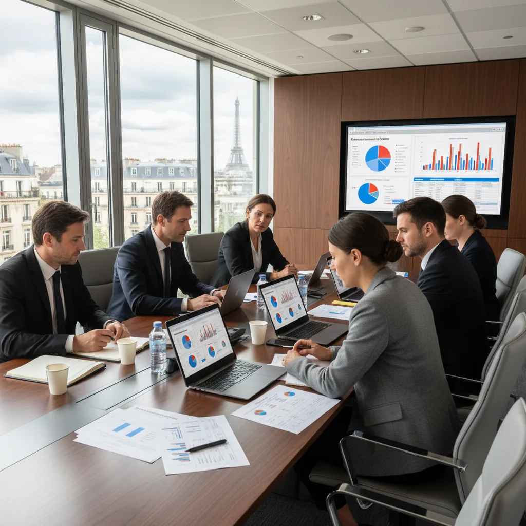 A professional corporate office environment in France, showing a diverse group of adults in business attire engaged in a risk assessment meeting around a conference table, discussing charts and documents on risk evaluation, with subtle French elements like a flag or Eiffel Tower view in the background, conveying a sense of strategic corporate planning and compliance.