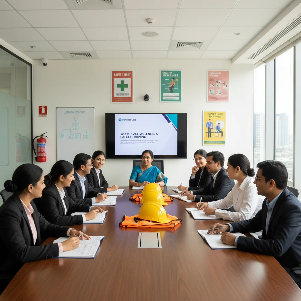 A photorealistic image of a professional Indian office environment emphasizing health and safety, featuring diverse adult employees in business attire engaging in a safety training session or reviewing safety protocols on a whiteboard, with safety equipment like helmets and first-aid kits visible in the background, conveying a sense of corporate compliance and well-being in an Indian corporate setting.