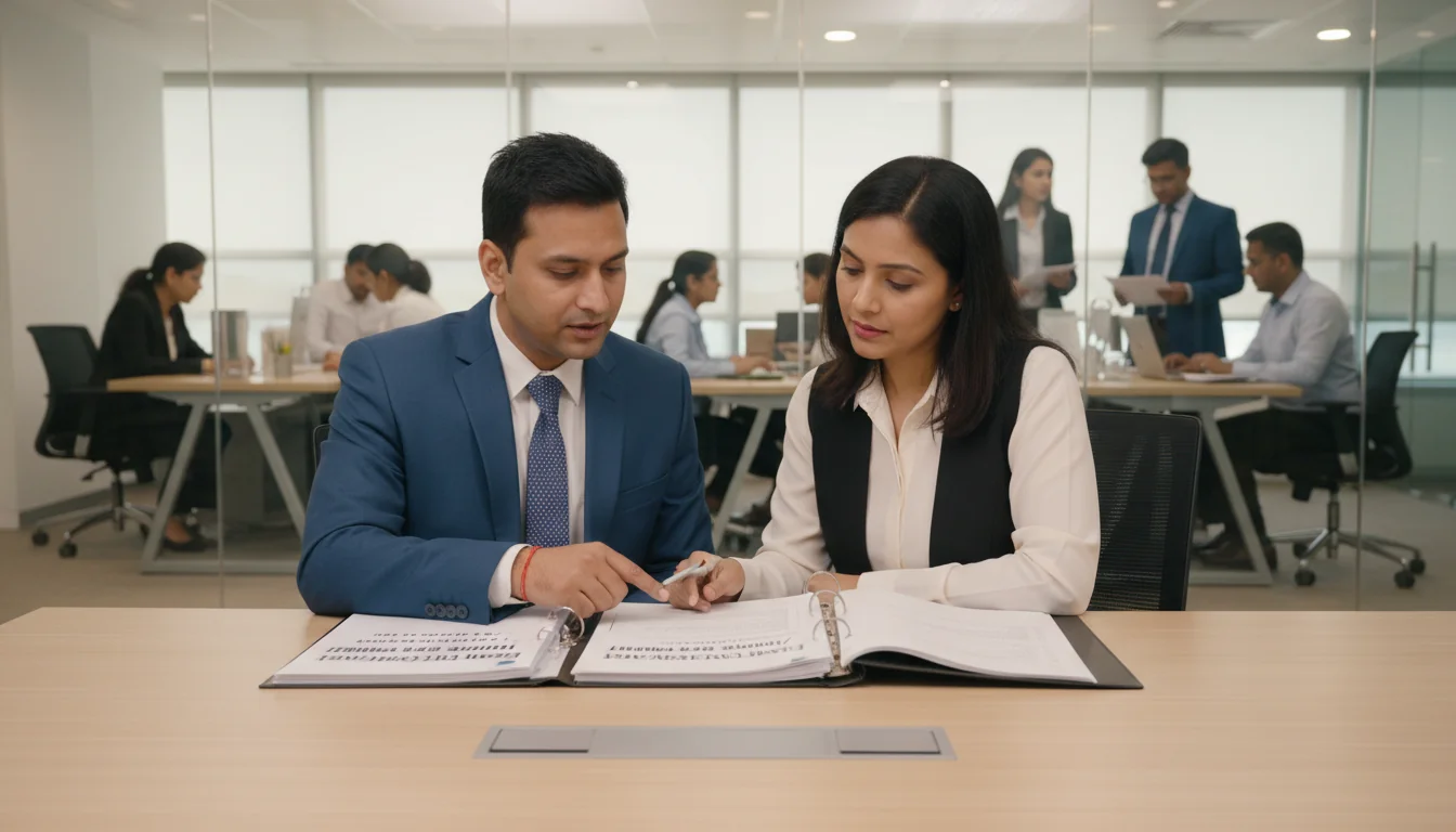 Indian office workers reviewing safety manual