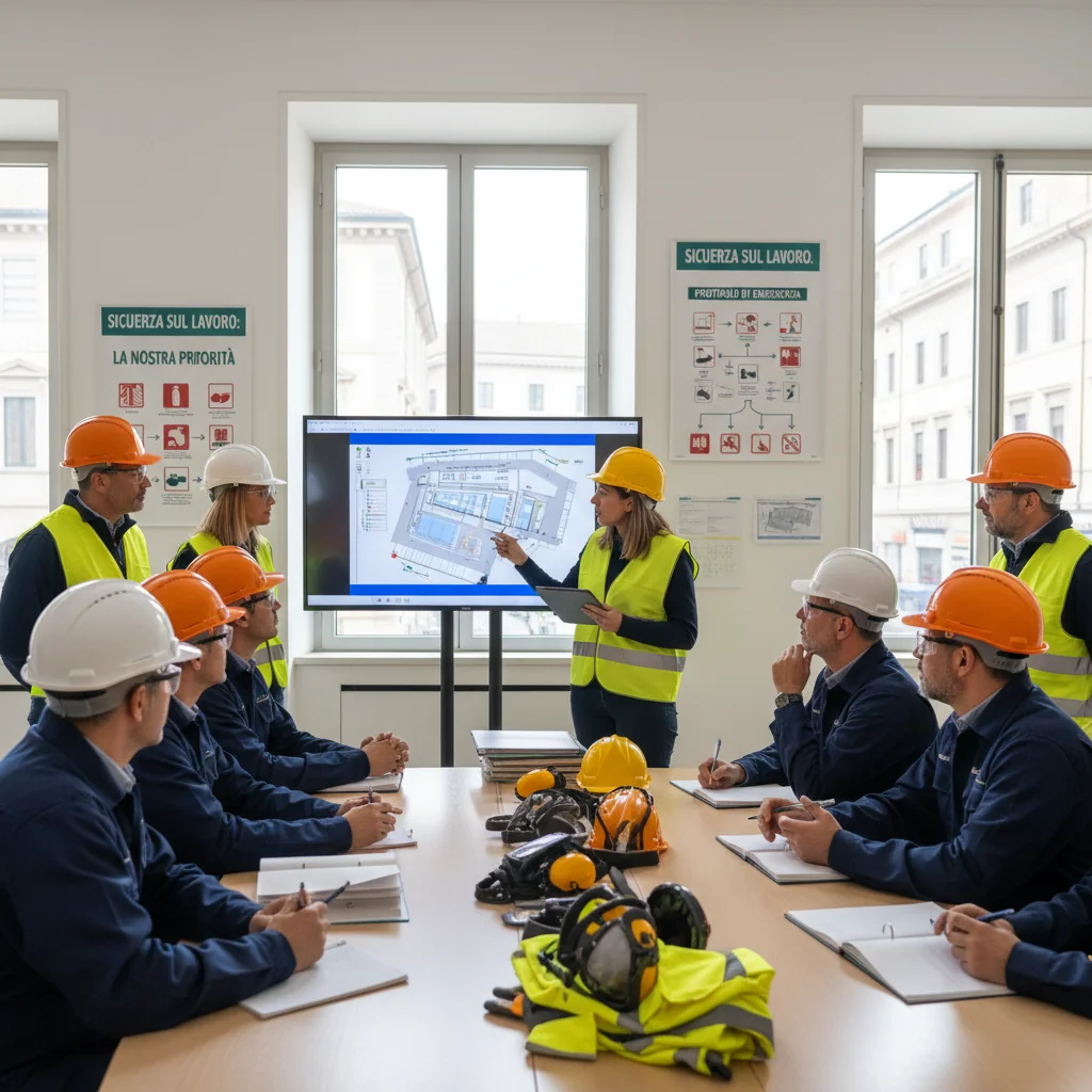 A photorealistic image of a diverse group of adult professionals in a modern Italian corporate office, engaged in a workplace safety training session. They are wearing safety helmets and vests, discussing safety protocols around a whiteboard with Italian safety signs, emphasizing health and safety in the work environment. No children are present.