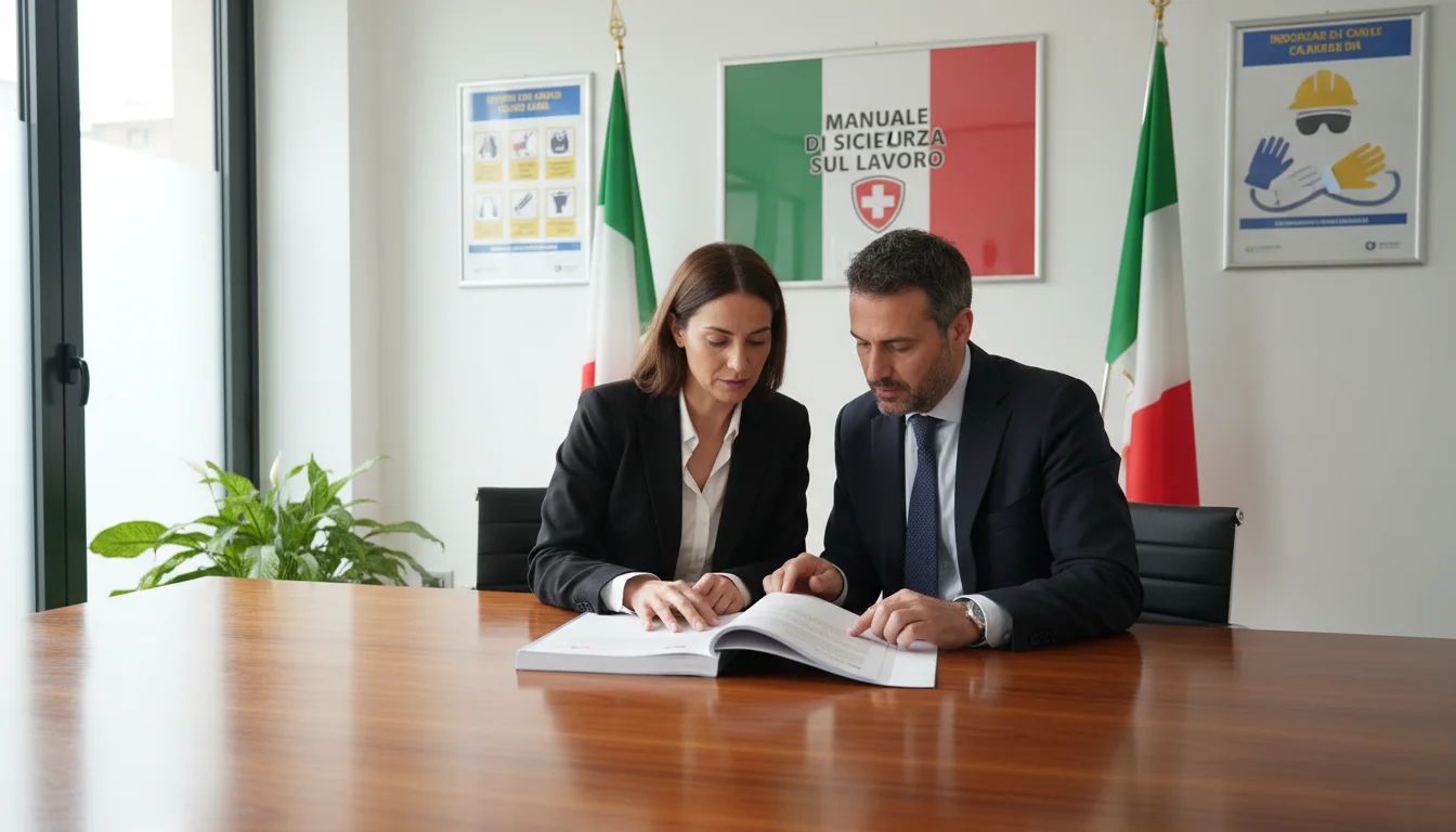 Italian office workers reviewing safety manual