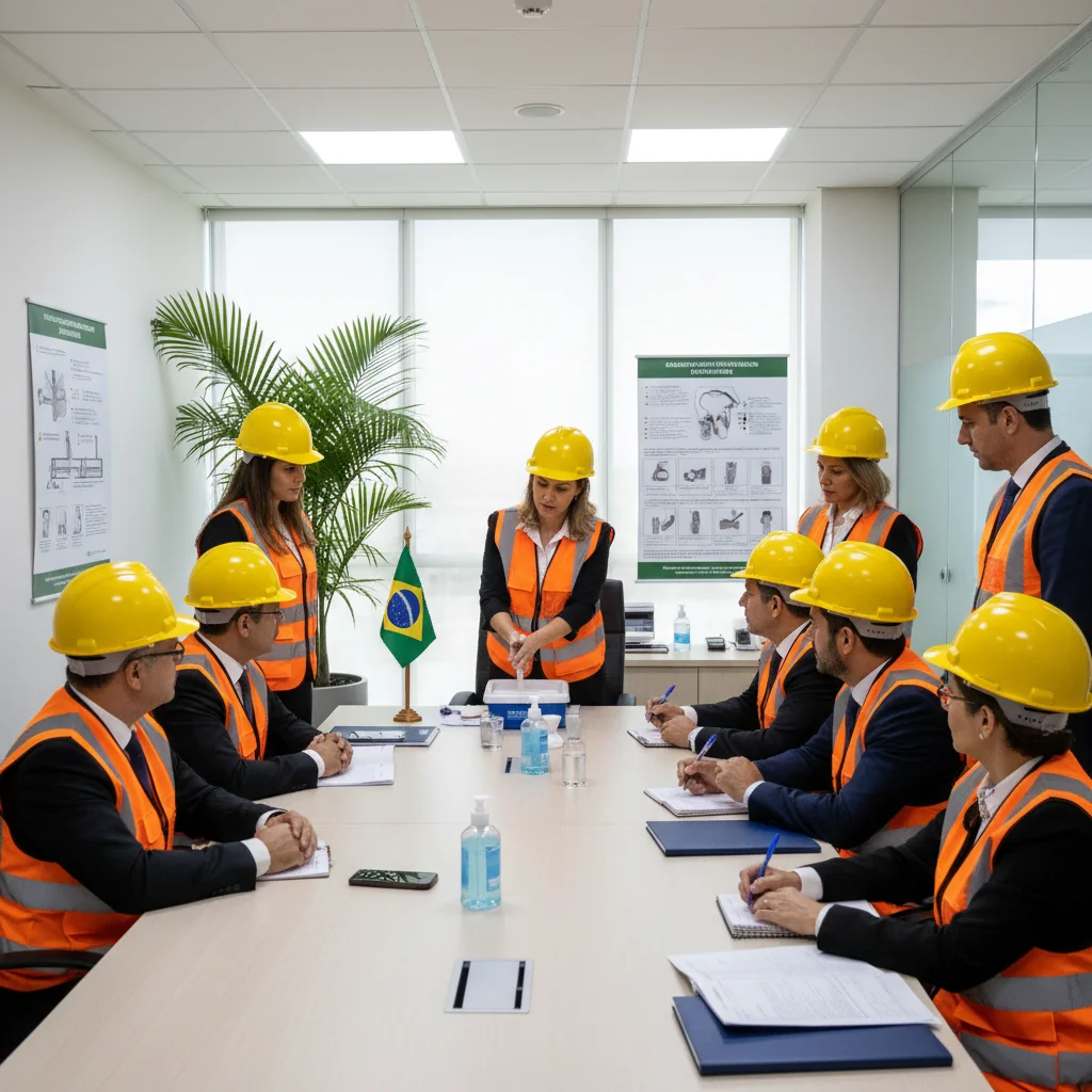 A photorealistic image of a diverse group of adult professionals in a Brazilian corporate office setting, engaged in a workplace safety training session. They are wearing safety helmets and vests, reviewing safety protocols on a whiteboard, with elements like fire extinguishers and safety signs visible in the background. The atmosphere is professional and focused on hygiene and occupational safety, emphasizing compliance and awareness in a modern office environment. No children are present.