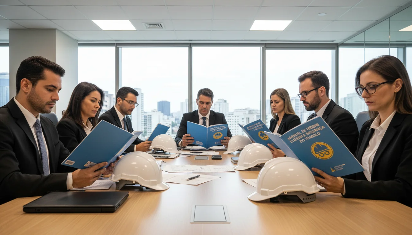 Workers reading safety manual.