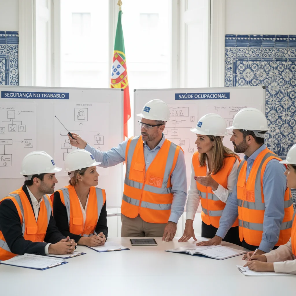 A photorealistic image of a diverse group of adult professionals in a modern Portuguese office environment, engaged in a safety training session. They are wearing safety helmets and vests, discussing health and safety protocols at work, with subtle Portuguese flags or Lisbon skyline in the background to evoke Portugal. No children or documents are visible.