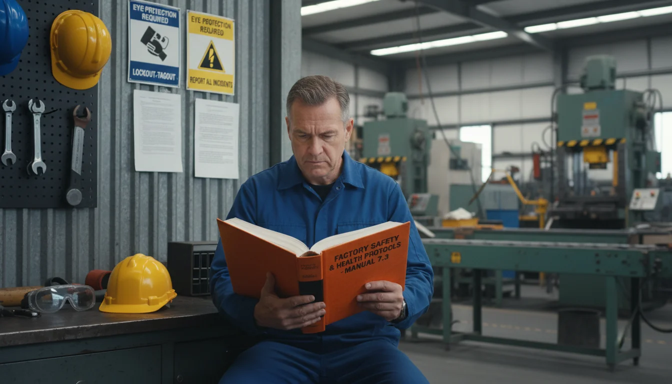 Worker reading safety manual.