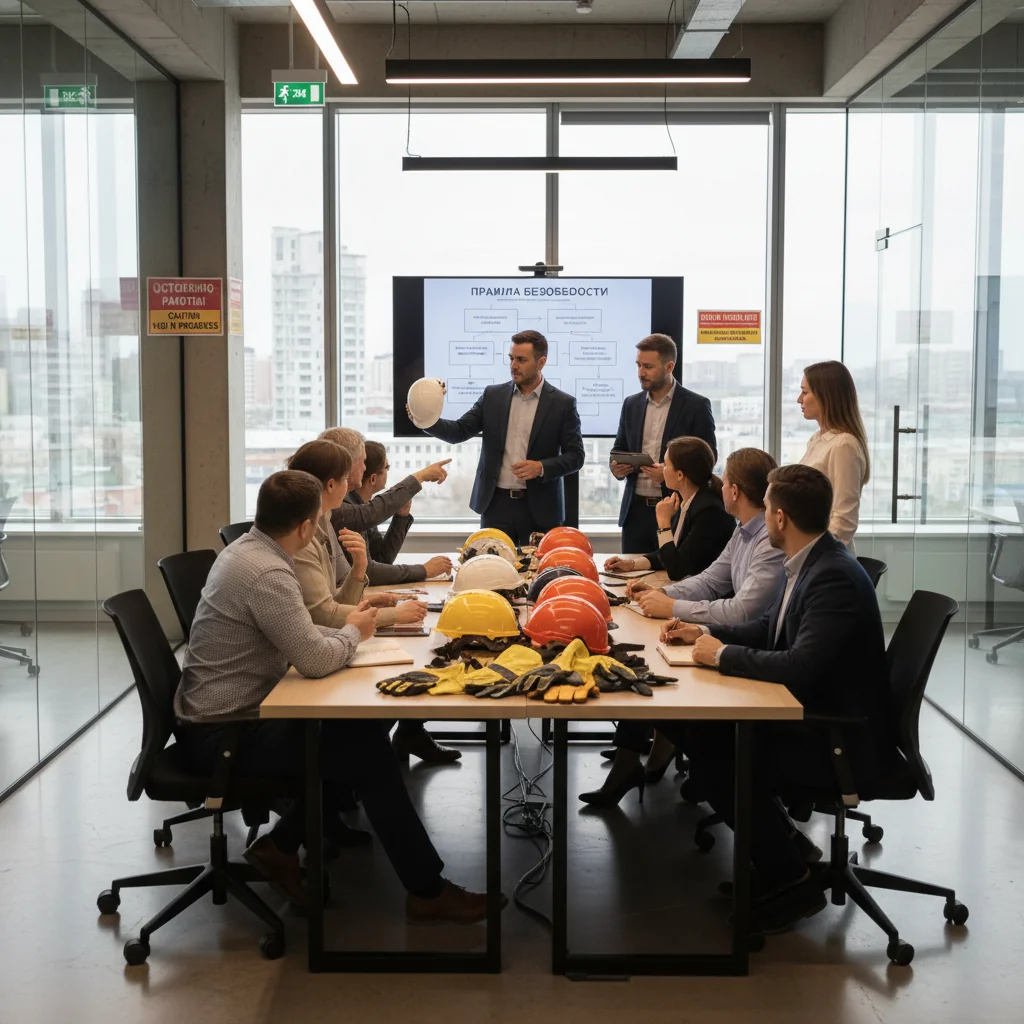 A photorealistic image of a professional Russian office environment where a group of adult employees are attentively reviewing occupational health and safety guidelines on a whiteboard during a team meeting, emphasizing workplace safety protocols without focusing on any documents.