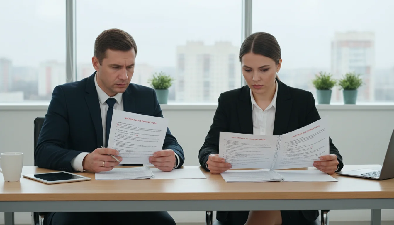 Russian office workers reviewing safety docs