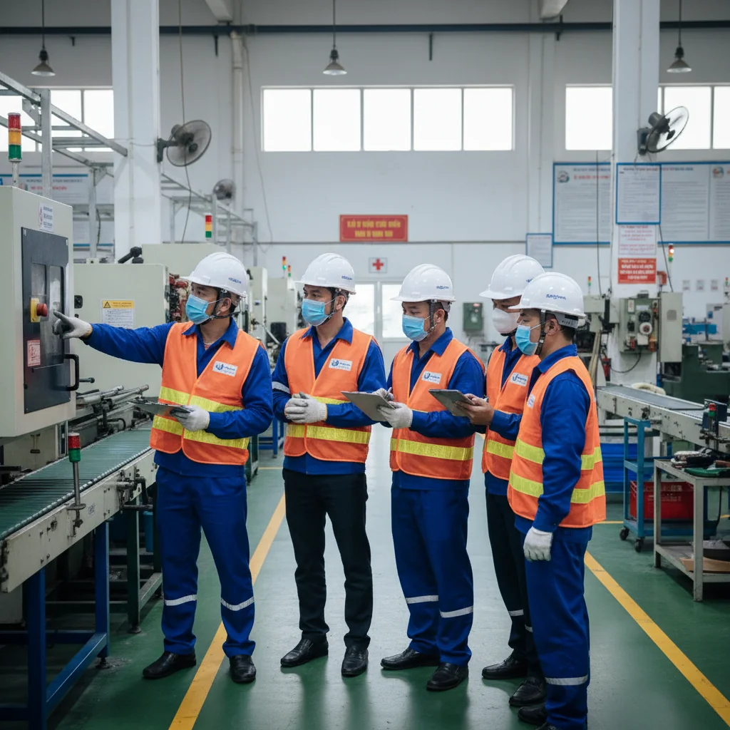 A photorealistic image of a diverse group of adult workers in a modern Vietnamese factory setting, engaged in safe work practices such as wearing protective gear like helmets, gloves, and safety vests, conducting a team safety briefing or inspecting equipment to emphasize occupational health and safety, with no children present and a professional, vigilant atmosphere.