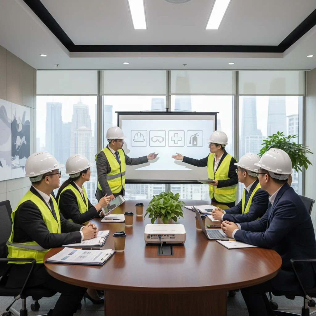 A photorealistic image of a diverse group of adult professionals in a modern Chinese corporate office, engaged in a safety training session. They are wearing safety helmets and vests, reviewing health and safety guidelines on a whiteboard, with office equipment and Chinese cultural elements in the background, emphasizing workplace safety and compliance.
