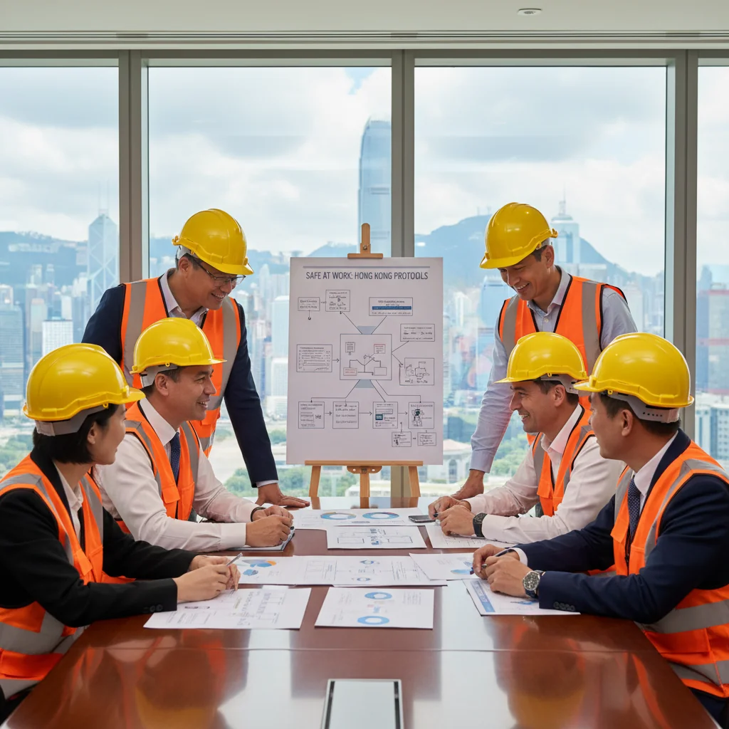 A photorealistic image of a diverse group of adult professionals in a modern Hong Kong office environment, engaged in a safety training session. They are wearing safety helmets and vests, reviewing health and safety guidelines on a whiteboard, symbolizing workplace wellness and compliance. No children are present. The scene is vibrant, professional, and focused on corporate health and safety practices.