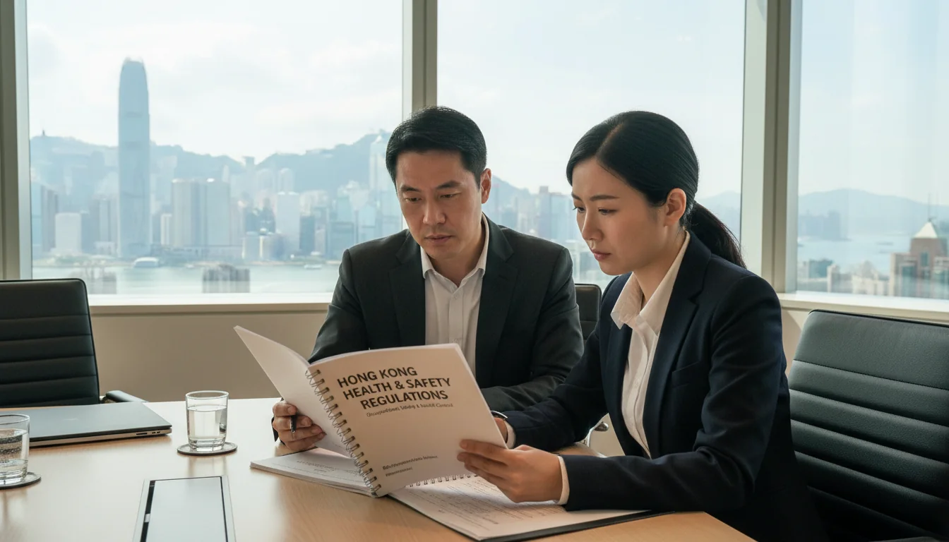 Hong Kong office workers reviewing safety manual