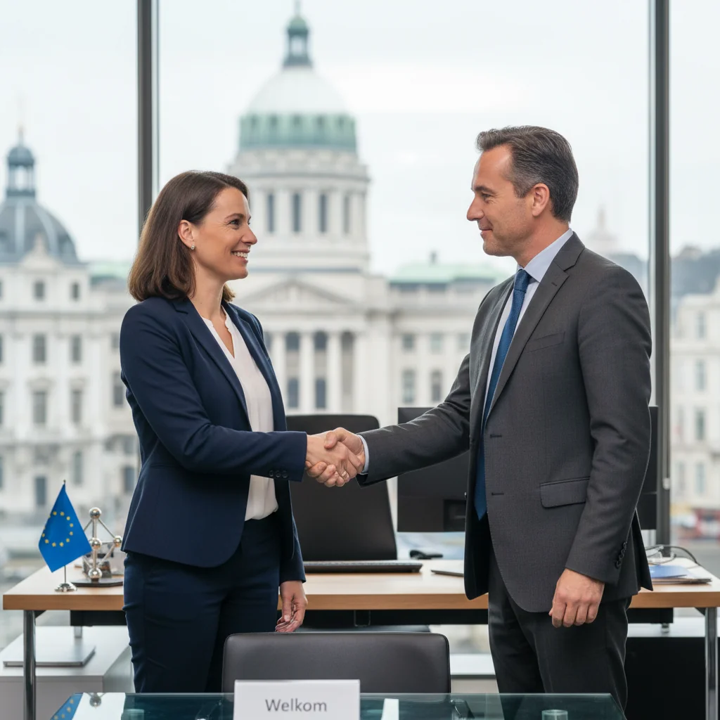 A photorealistic hero image representing the purpose of a Belgian job description document, showing a professional adult employee starting a new job in a modern office environment, shaking hands with a colleague or manager, symbolizing employment and recruitment in Belgium, with subtle Belgian elements like a flag or Brussels skyline in the background, no children present.
