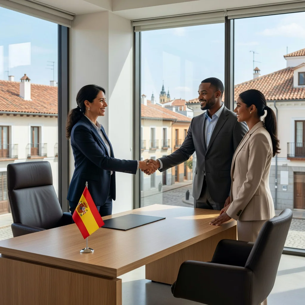 A photorealistic image depicting a professional job interview in a modern Spanish office setting, with a diverse group of adults including a recruiter and a job applicant shaking hands, symbolizing employment opportunities and job descriptions in Spain. The scene conveys positivity, professionalism, and career advancement, with subtle Spanish elements like a flag or architecture in the background. No children are present.
