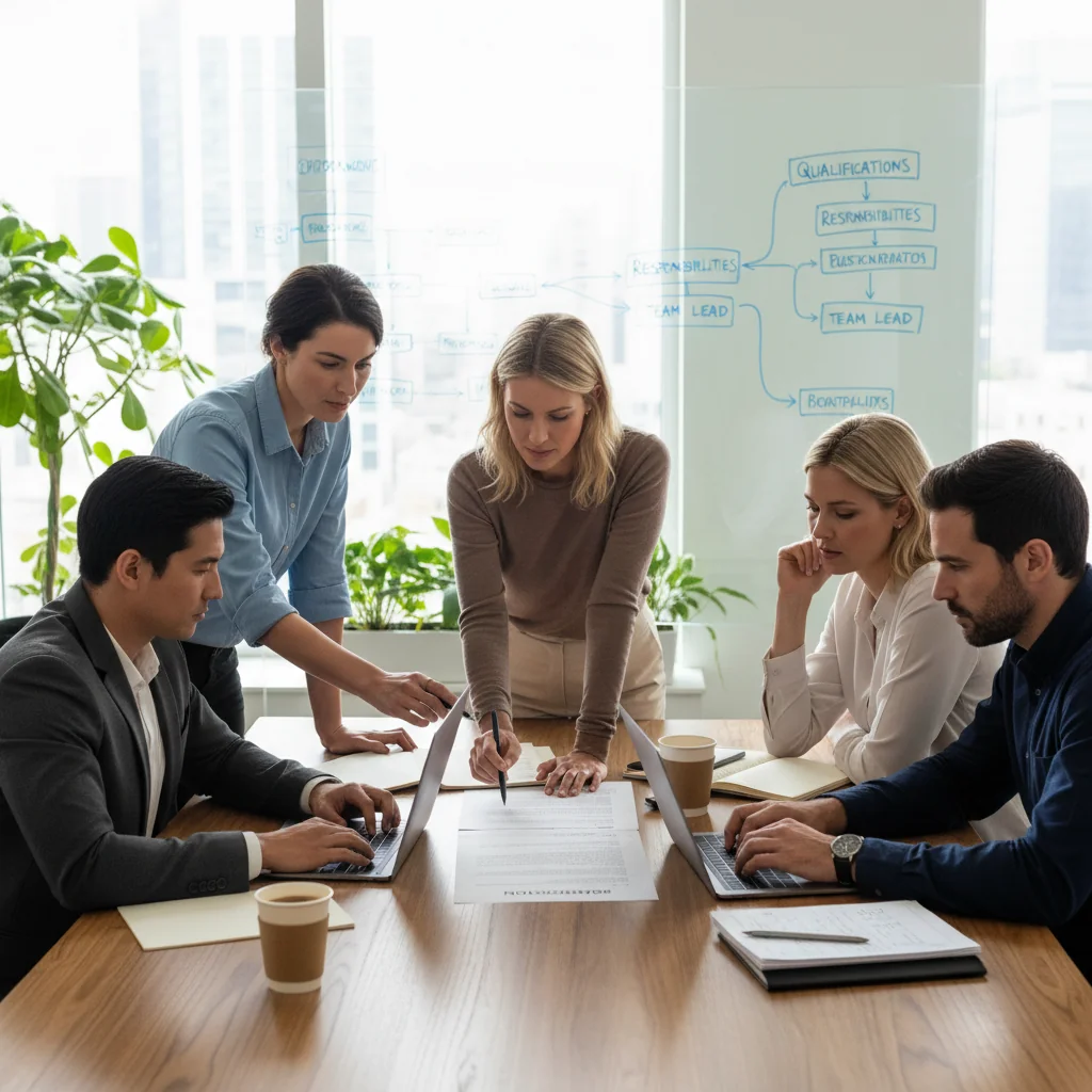 A photorealistic image of a diverse group of professionals in a modern office setting, collaborating on a job posting, symbolizing the creation of effective job descriptions. The focus is on adults only, with no children present, emphasizing teamwork and careful planning in recruitment.