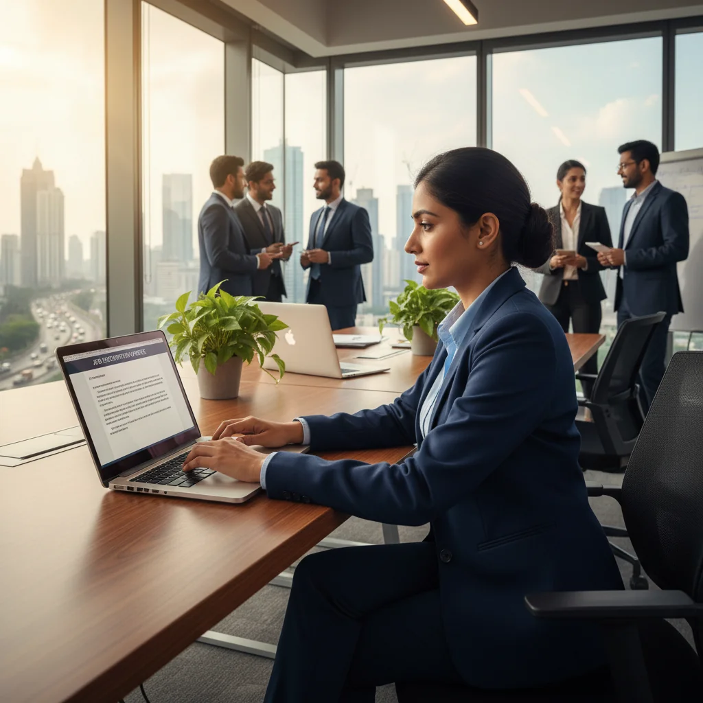 A photorealistic image of a professional adult woman in a modern Indian office setting, confidently updating a job description on her laptop during a meeting with colleagues, symbolizing career growth and employment opportunities in India. The scene captures diversity and professionalism without any focus on documents.