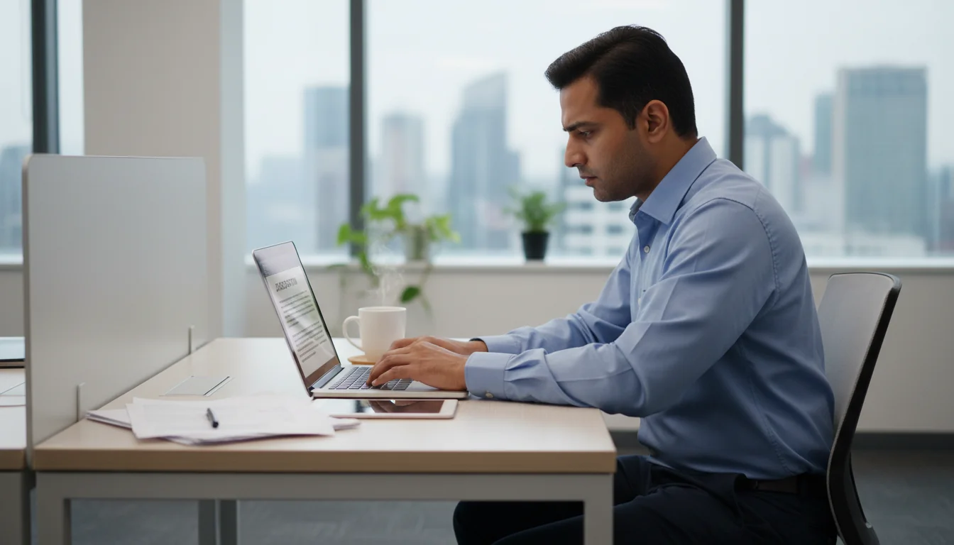 Person typing job description on laptop