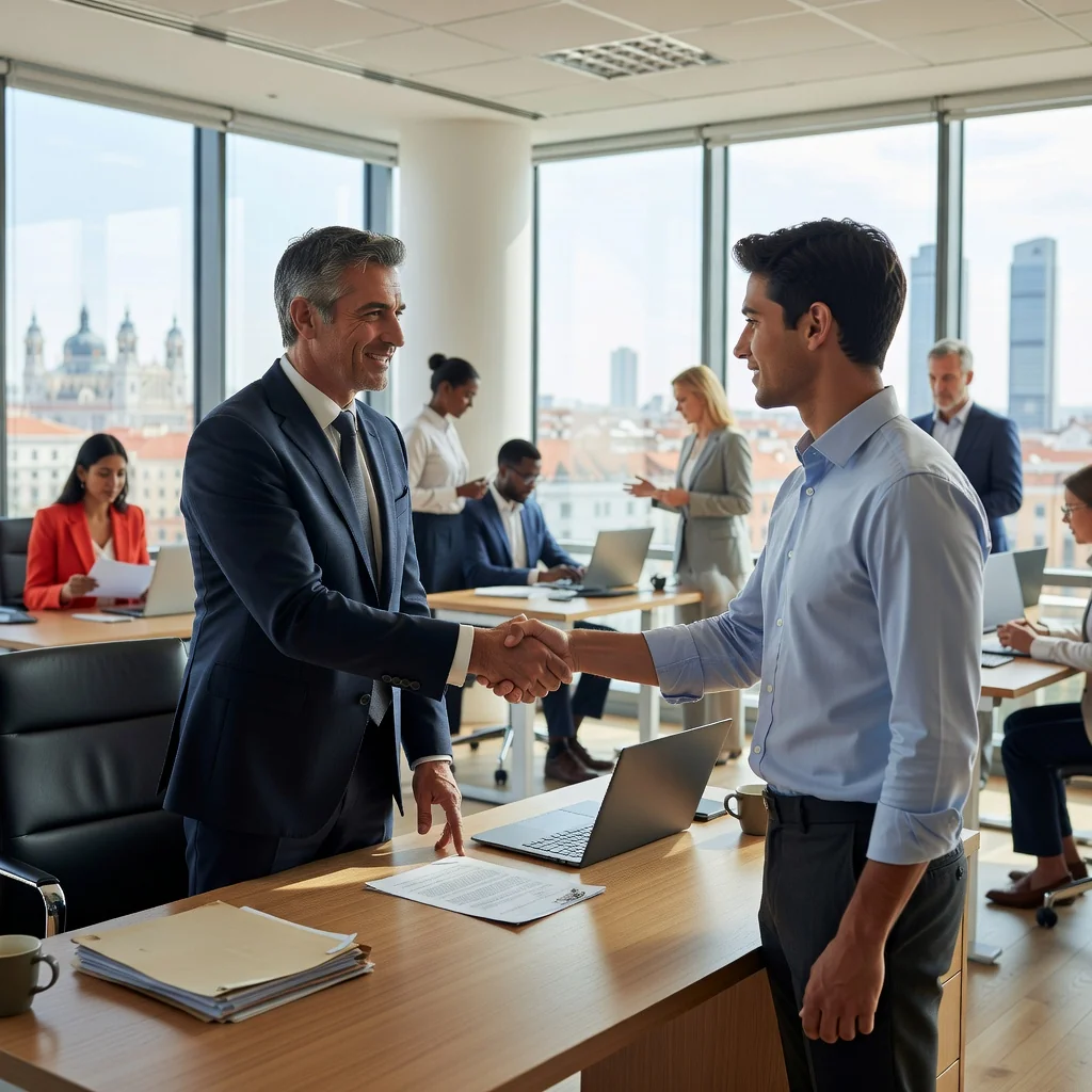 A photorealistic image depicting a professional meeting in a modern Spanish office, where an HR manager and a new employee are shaking hands over a desk, symbolizing the formal agreement and importance of job role clarity in employment. The scene includes diverse adult professionals in business attire, with subtle Spanish elements like a flag or architecture in the background, conveying trust and legal assurance in labor relations.