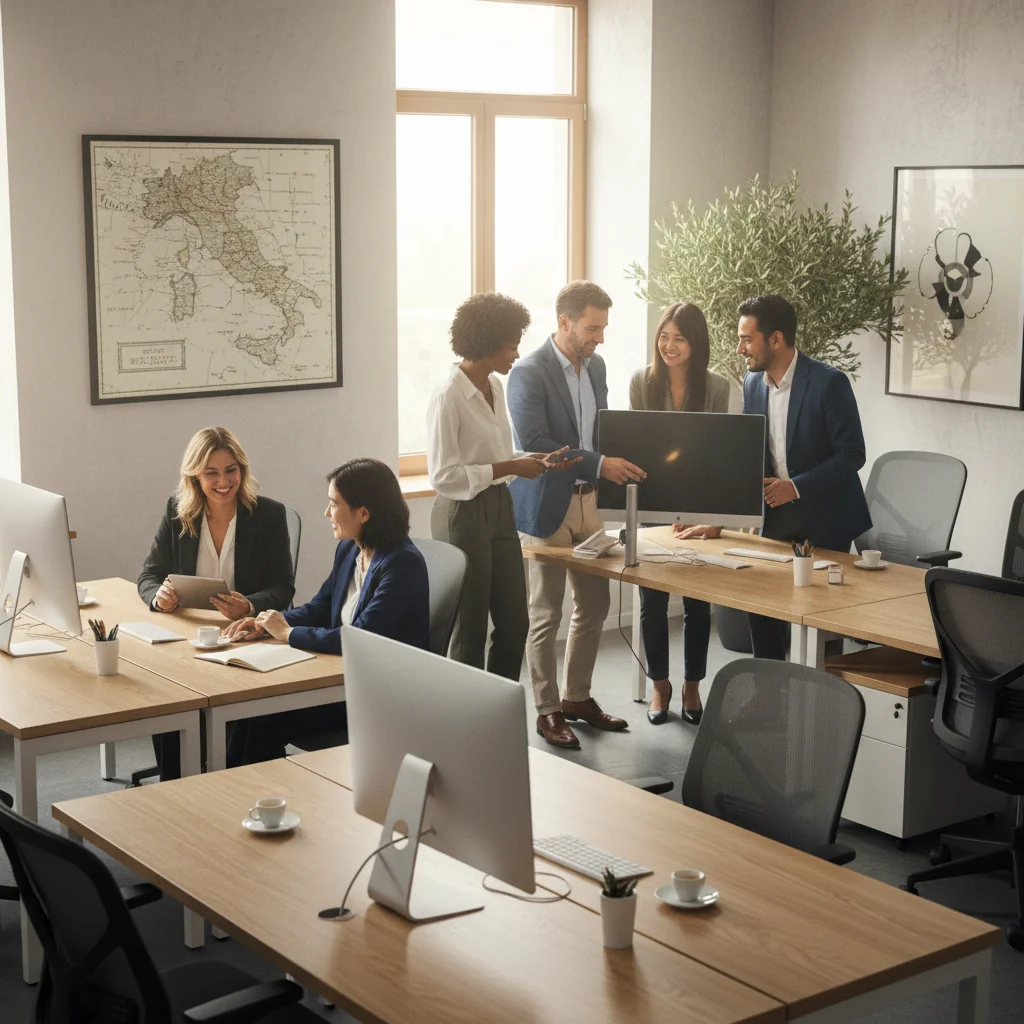 A photorealistic image of a diverse group of Italian professionals in a modern office setting, engaged in collaborative work, symbolizing job roles and workplace descriptions for Italian companies. The scene includes adults only, discussing tasks around a table with laptops and notes, conveying professionalism and employment dynamics.