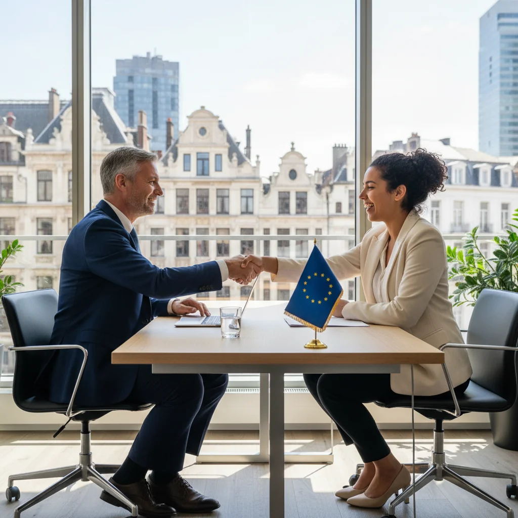 A photorealistic image depicting a professional job interview scene in a modern Belgian office, symbolizing the purpose of a job description document in facilitating employment opportunities. An adult interviewer and adult job candidate, both in business attire, are engaged in conversation across a desk with subtle Belgian elements like a flag or Brussels skyline in the background. The atmosphere is positive and professional, emphasizing recruitment and career growth.