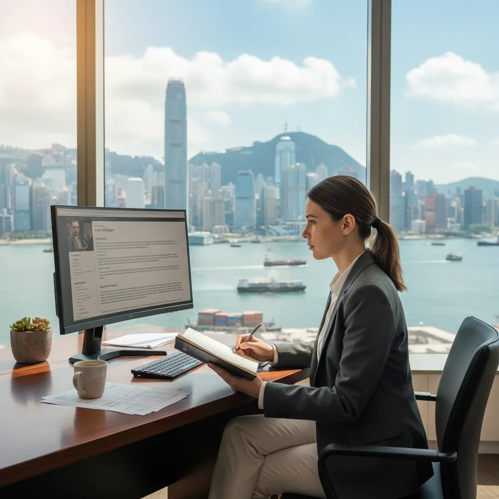 A photorealistic image of a professional adult in a modern Hong Kong office environment, reviewing a job description document on a computer screen, symbolizing careful interpretation and best practices in job postings, with city skyline visible through the window, no children present.