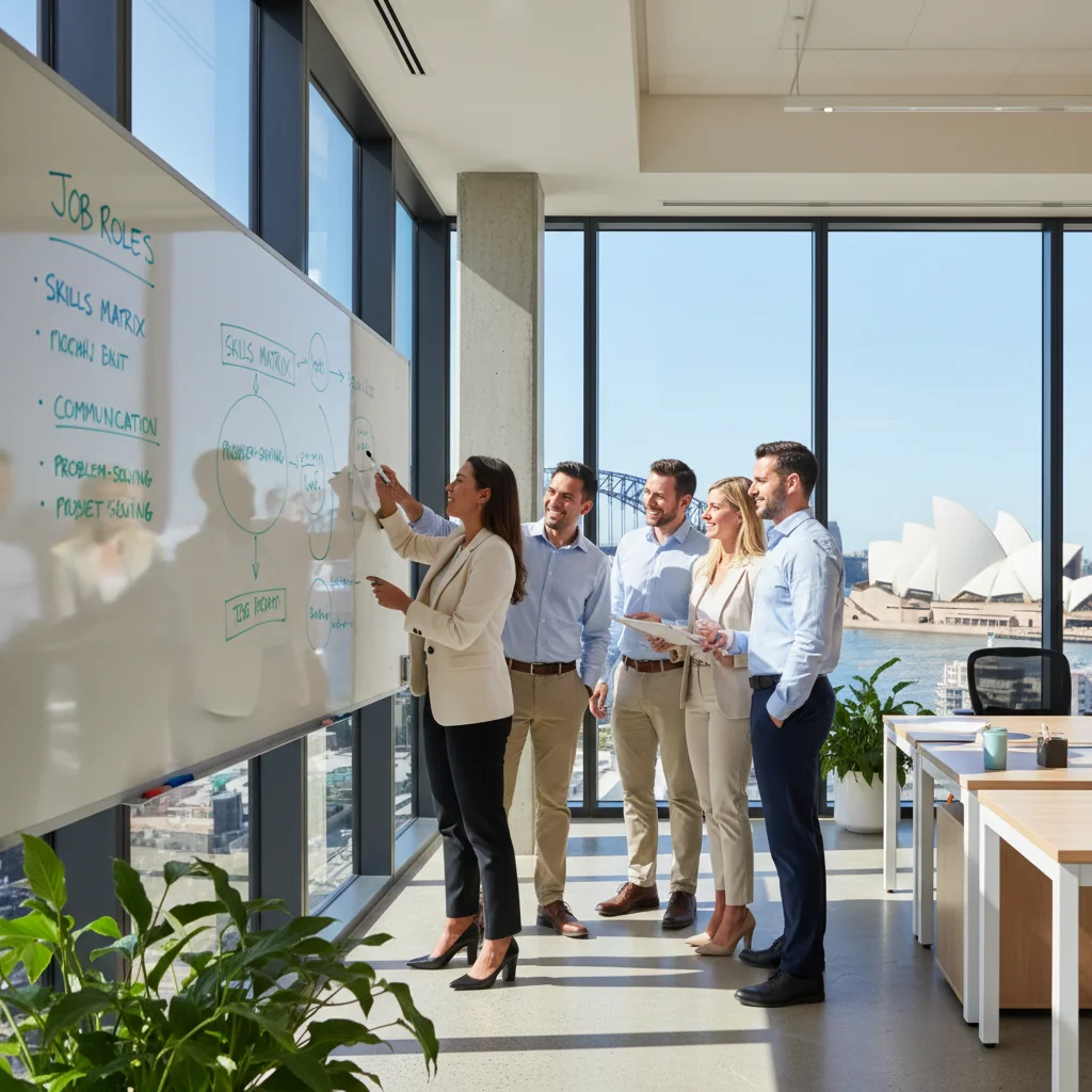 A photorealistic image of a diverse group of professionals in a modern Australian office setting, engaged in a collaborative discussion about job opportunities, symbolizing the excitement of crafting compelling job descriptions to attract talent. The scene includes adults only, with no children present, and focuses on the purpose of employment and career growth in Australia.