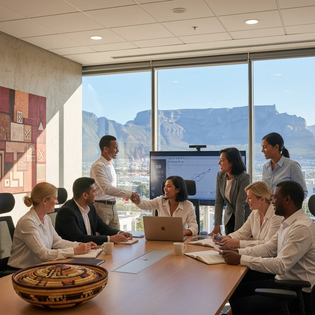 A photorealistic image of a diverse group of South African adults in a professional office setting, representing inclusivity in employment. The group includes men and women of various ethnic backgrounds such as Black, White, Coloured, and Indian South Africans, all smiling and collaborating around a table, symbolizing equal job opportunities and inclusive hiring practices. The scene is set in a modern South African workplace with subtle local elements like a flag or cityscape view, emphasizing diversity and unity in the workforce. No children are present in the image.