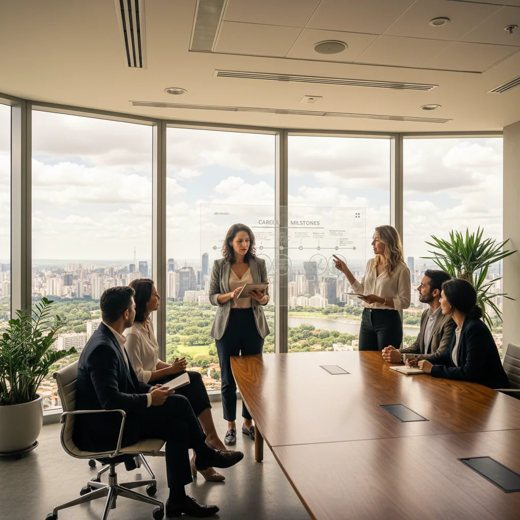 A photorealistic image depicting a professional in a modern Brazilian office environment, symbolizing career growth and job clarity, with elements like a diverse team collaborating, evoking the importance of clear job descriptions in employment.
