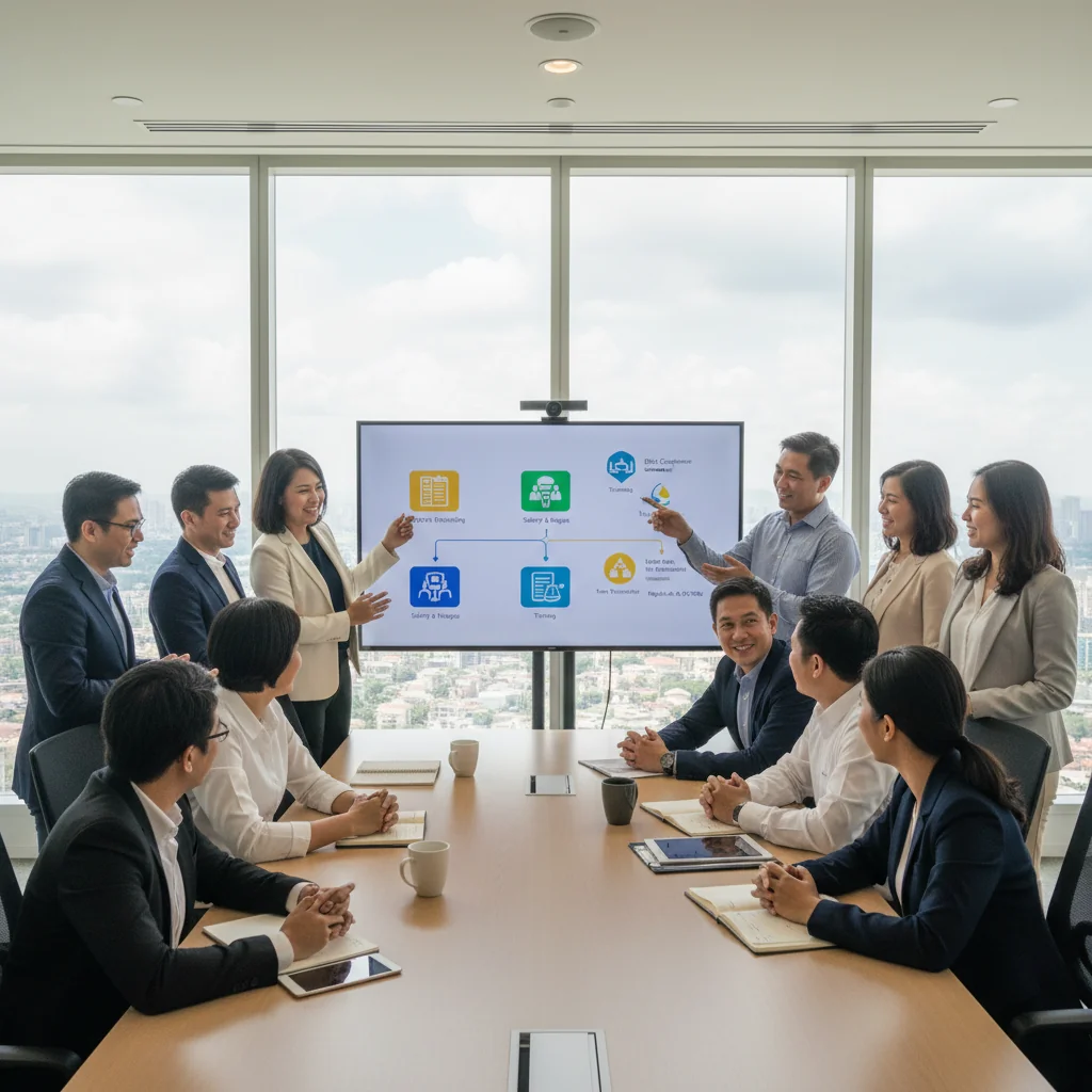 A photorealistic image of a diverse group of professional adults in a modern Philippine office setting, reviewing job responsibilities on a shared screen, symbolizing compliance with labor code requirements for job descriptions. The scene conveys professionalism, fairness in employment, and workplace harmony, with no children present.