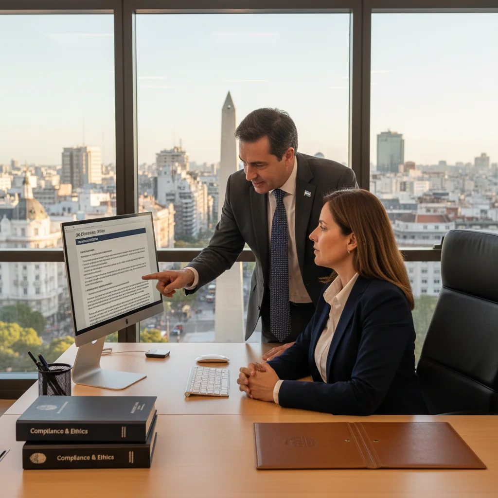 A photorealistic image of a professional adult woman in a modern Argentine office setting, reviewing job responsibilities on a computer screen during a meeting with her manager, symbolizing the legal importance of job descriptions in employment. The scene conveys professionalism, compliance, and workplace clarity, with subtle Argentine elements like a flag in the background. No children are present.